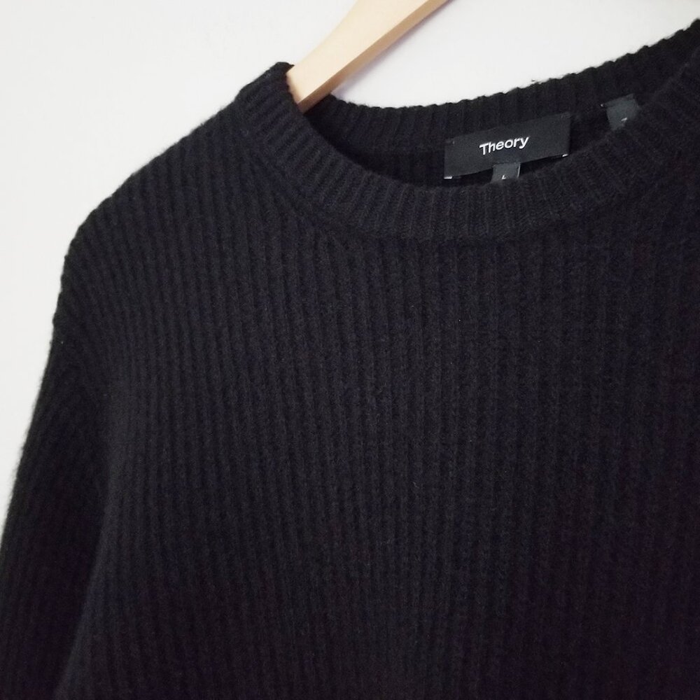 Theory Boxy Long Sleeves Felted Wool Cashmere Rib Sweater in Black Size L $425 - Picture 6 of 16